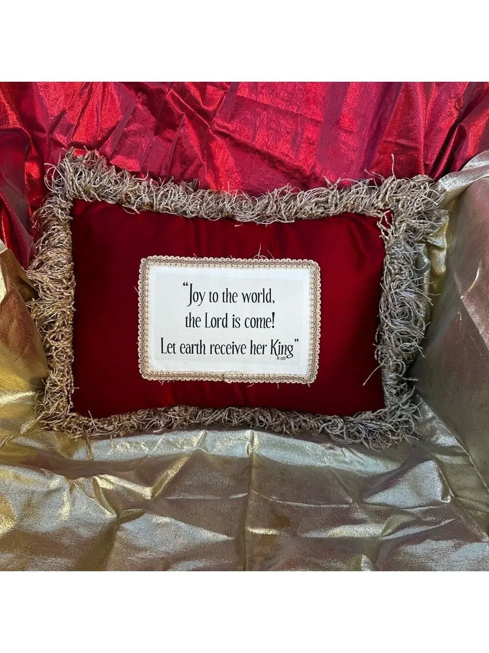 Vintage Red Holiday Pillow w/Gold Fringe ‘Joy to the World, the Lord is come!’